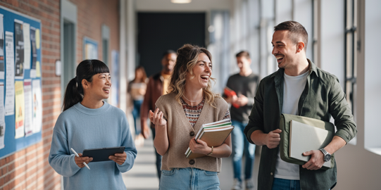 Drei lachende Studierende in einem Universitäts-Gang