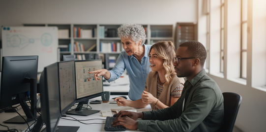 Drei Menschen vor PC-Bildschirmen